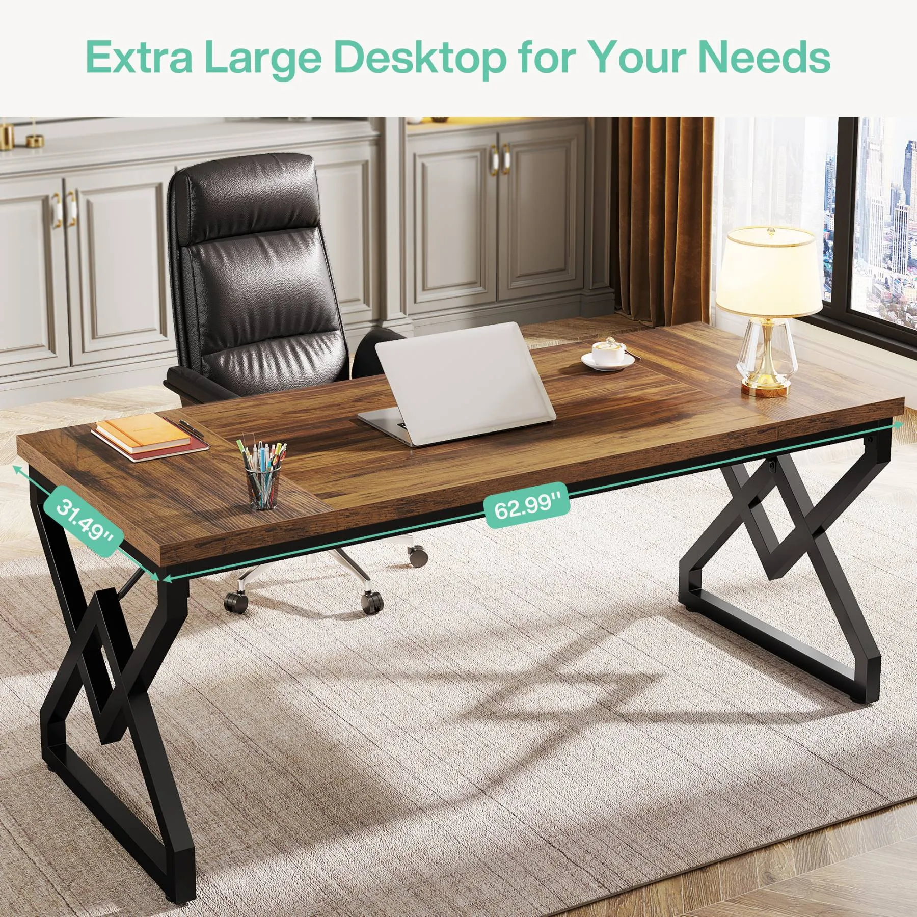 63" Executive Desk, Large Computer Desk for Home Office