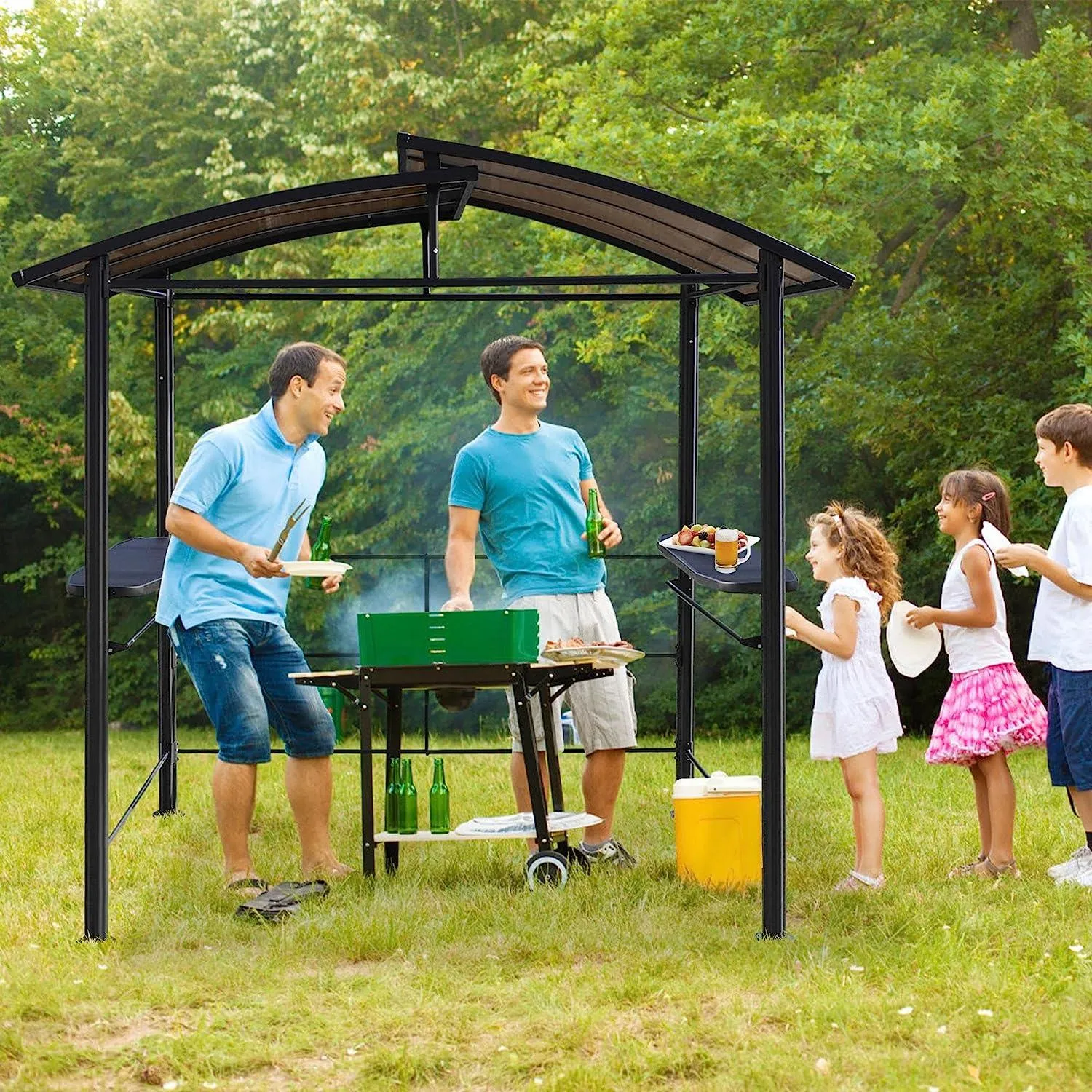 8' x 5' BBQ Patio Canopy Gazebo, Grill Gazebo with Interlaced Polycarbonate Roof, 2 Side Shelves & Hanging Rods