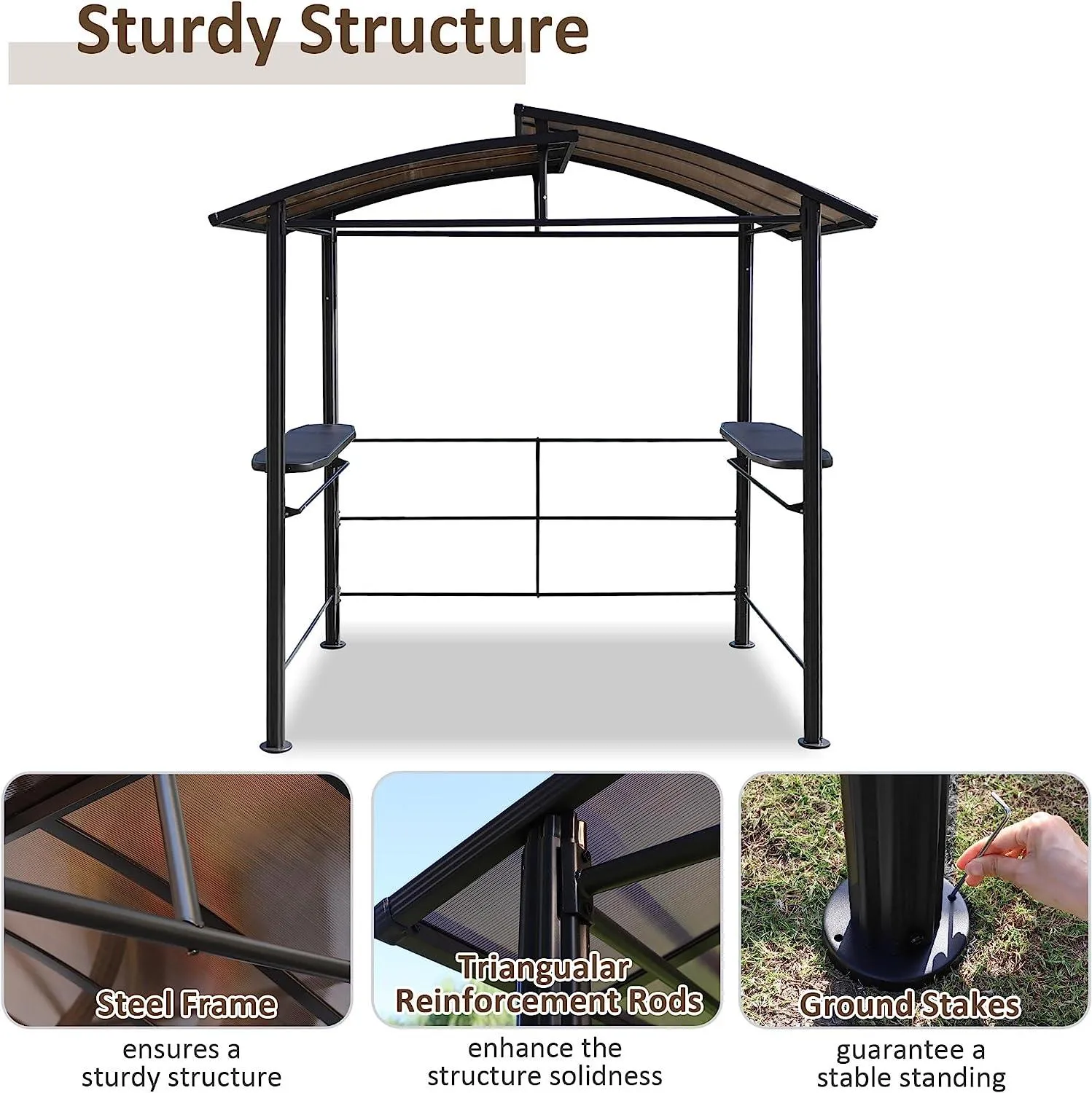 8' x 5' BBQ Patio Canopy Gazebo, Grill Gazebo with Interlaced Polycarbonate Roof, 2 Side Shelves & Hanging Rods