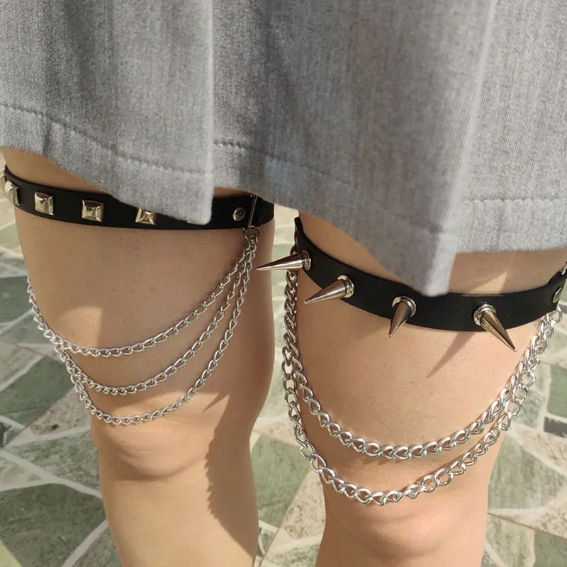 'Dread' Black PU Fake Leather Leg Garter with Chains