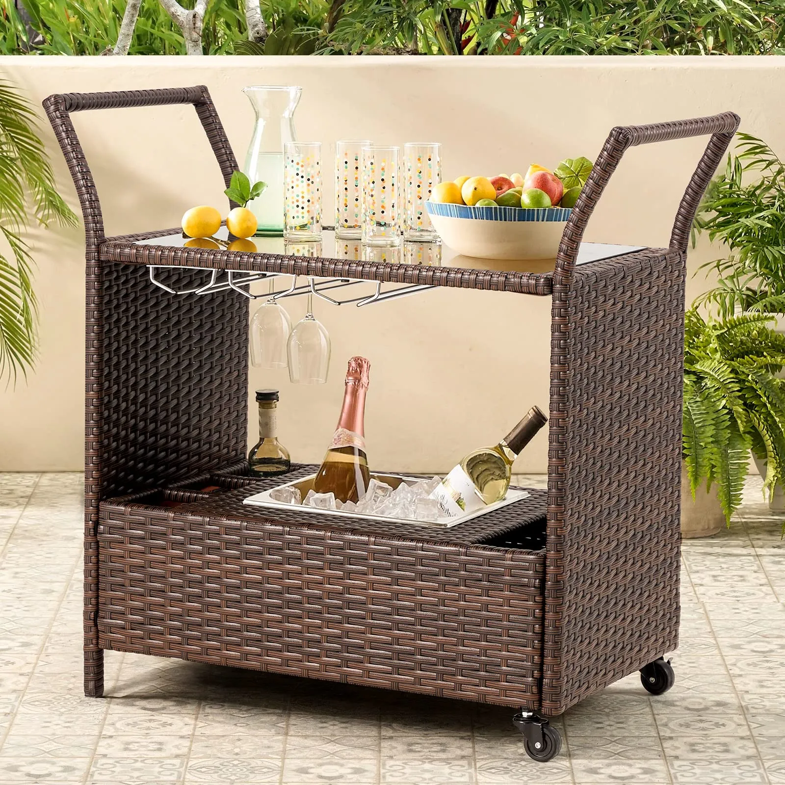 Homrest Outdoor Wicker Bar Cart with Removable Ice Bucket and Wheels, Brown