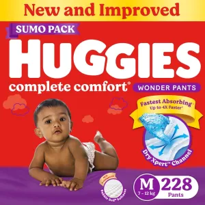 Huggies Complete Comfort Wonder Pants Medium (M) Size (7-12 Kgs) Baby Diaper Pants, 228 count| India's Fastest Absorbing Diaper with upto 4x faster absorption | Unique Dry Xpert Channel