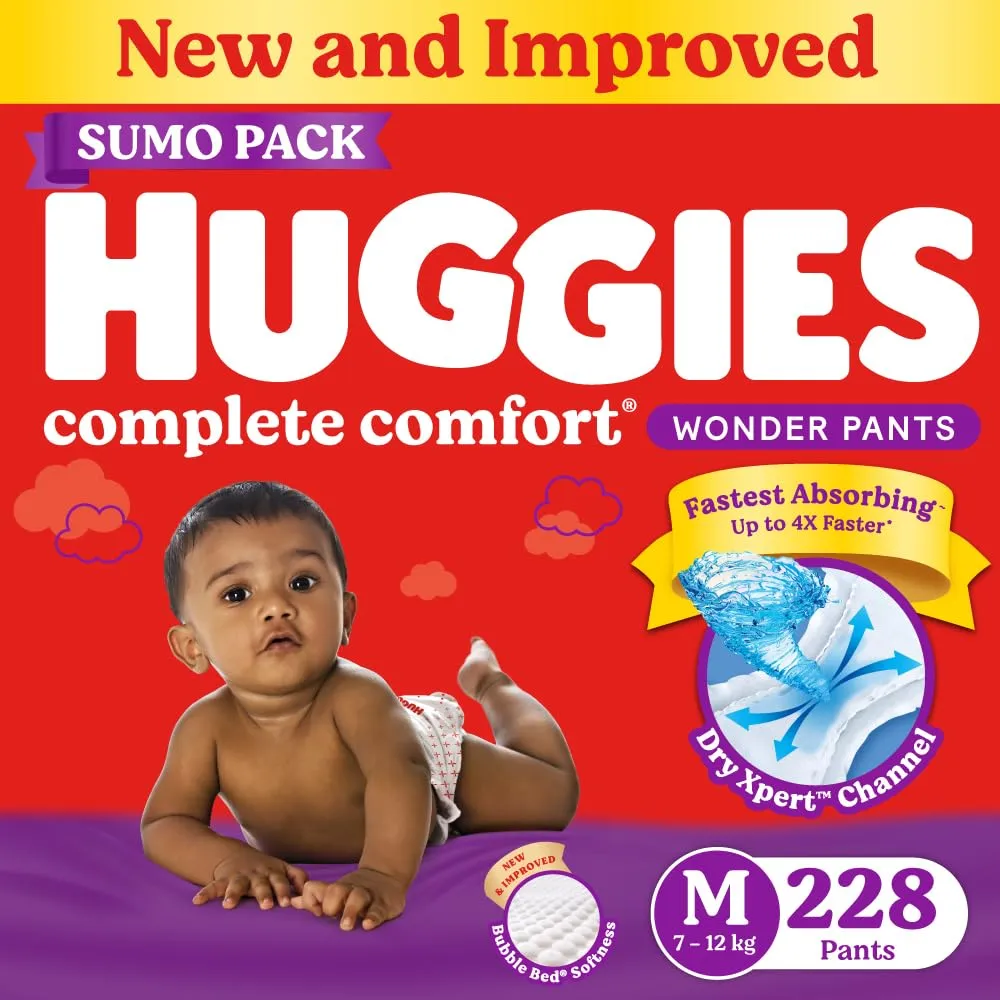 Huggies Complete Comfort Wonder Pants Medium (M) Size (7-12 Kgs) Baby Diaper Pants, 228 count| India's Fastest Absorbing Diaper with upto 4x faster absorption | Unique Dry Xpert Channel