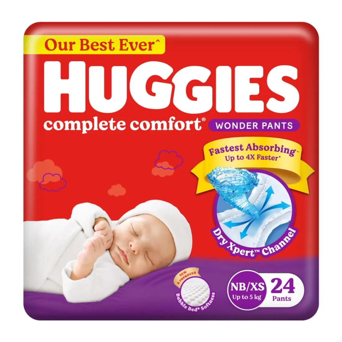 Huggies Complete Comfort Wonder Pants Newborn / Extra Small(Nb/Xs)Size(Up To 5 Kg)Baby Diaper Pants,24 Count,India'S Fastest Absorbing Diaper With Upto 4X Faster Absorption,Unique Dry Xpert Channel