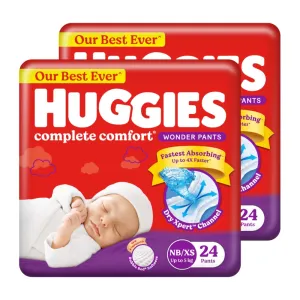 Huggies Complete Comfort Wonder Pants Newborn / Extra Small(Nb/Xs)Size(Up To 5 Kg)Baby Diaper Pants,48 Count,India'S Fastest Absorbing Diaper With Upto 4X Faster Absorption,Unique Dry Xpert Channel