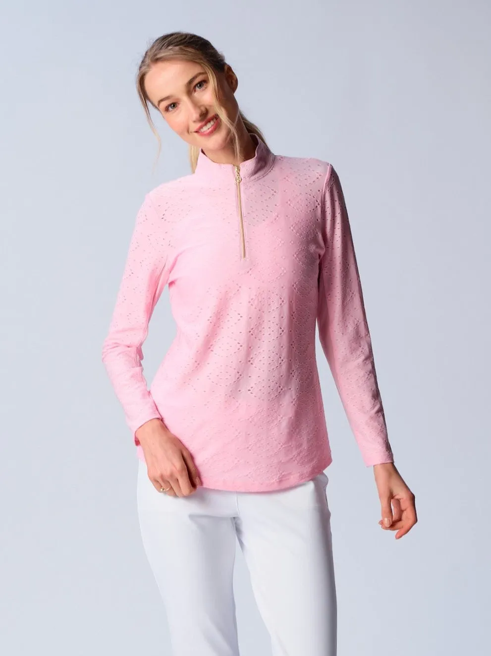 Quarter Zip Sun Protection Top In Pink Eyelet