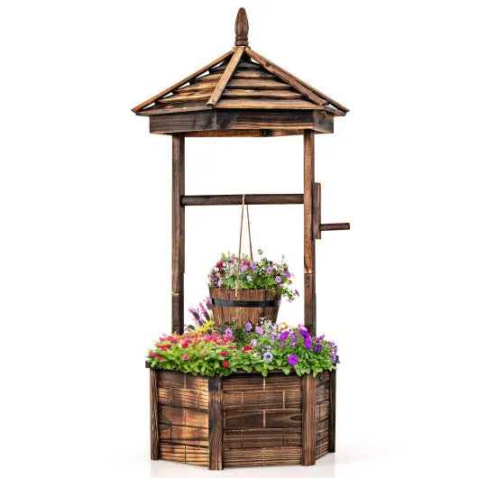 Rustic Wooden Wishing Well with Adjustable Hanging Bucket-Brown