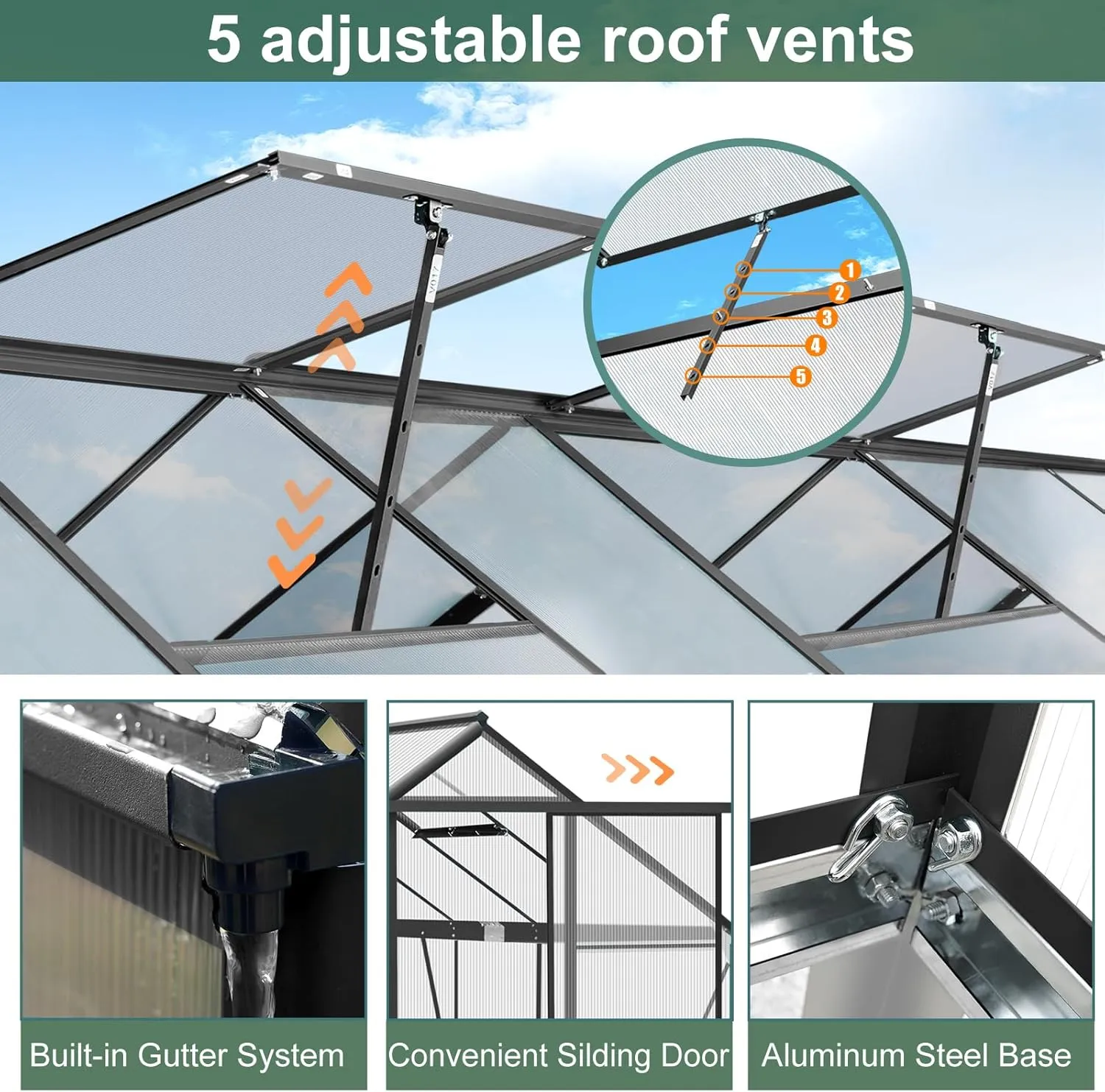 SANNWSG Greenhouse for Outdoors,Easy Assembly Large Polycarbonate Greenhouse Aluminum Greenhouses w/3 Vents Window, Swing Door, Walk-in Green House for Patio, Backyard, Garden, Black