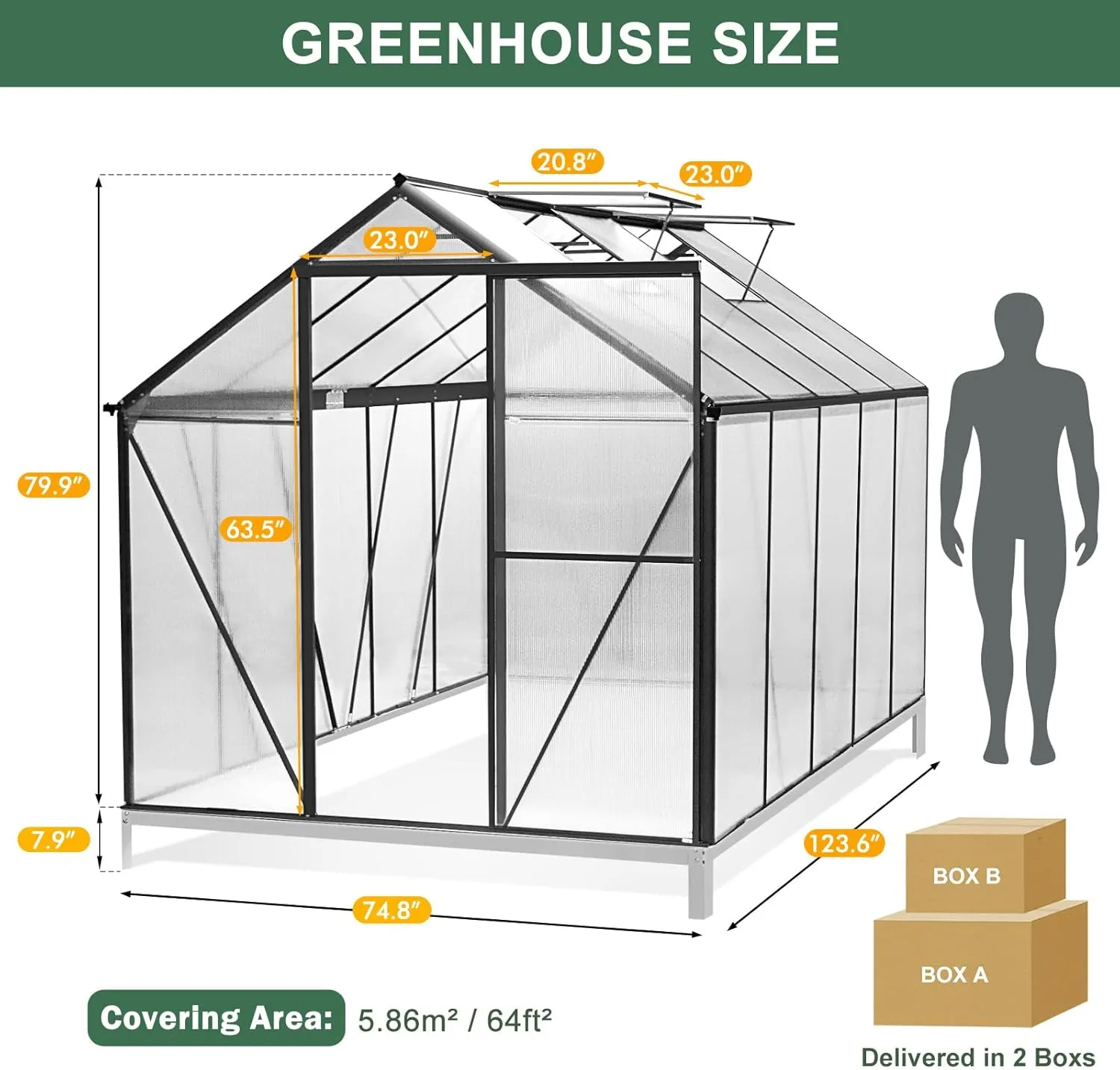 SANNWSG Greenhouse for Outdoors,Easy Assembly Large Polycarbonate Greenhouse Aluminum Greenhouses w/3 Vents Window, Swing Door, Walk-in Green House for Patio, Backyard, Garden, Black