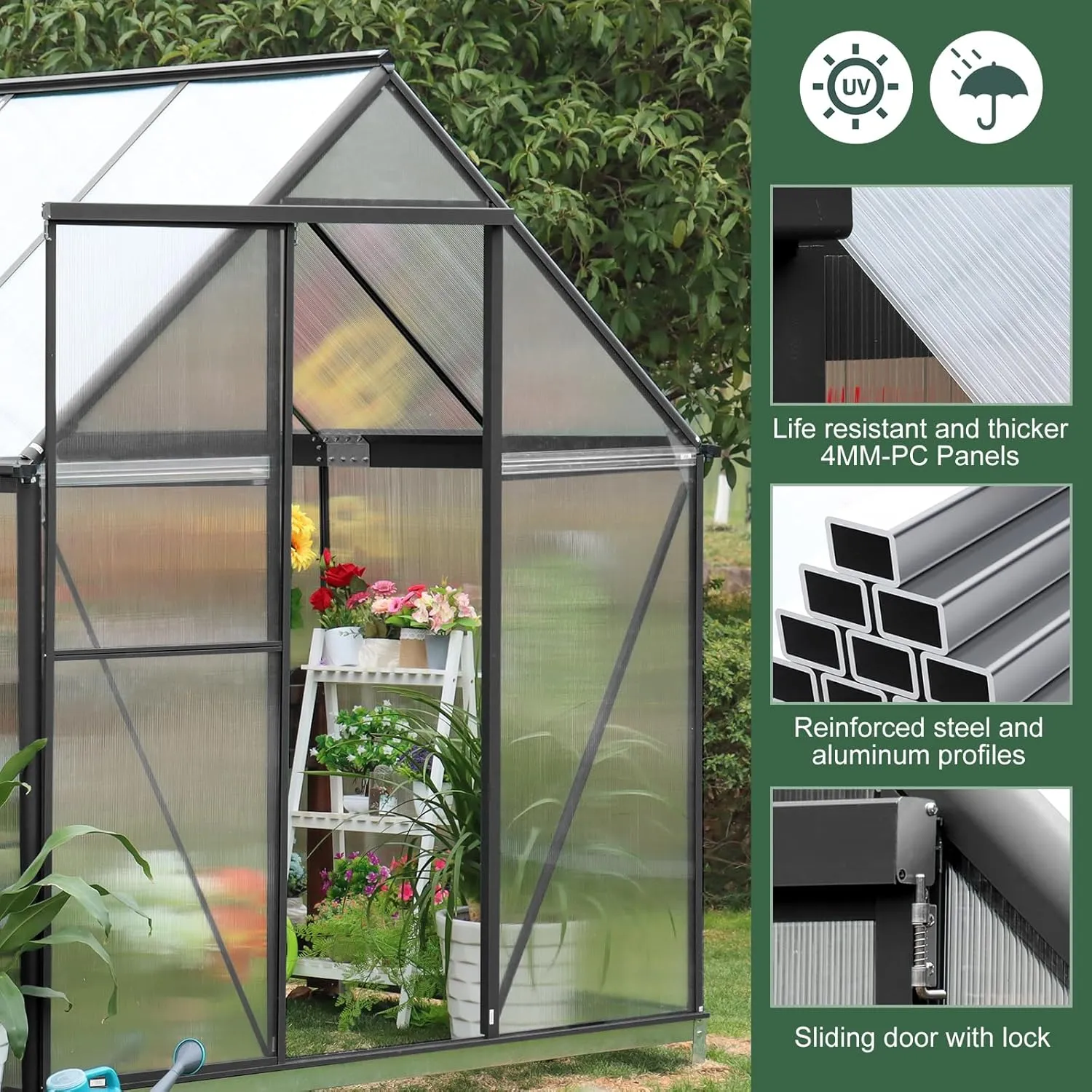 SANNWSG Greenhouse for Outdoors,Easy Assembly Large Polycarbonate Greenhouse Aluminum Greenhouses w/3 Vents Window, Swing Door, Walk-in Green House for Patio, Backyard, Garden, Black