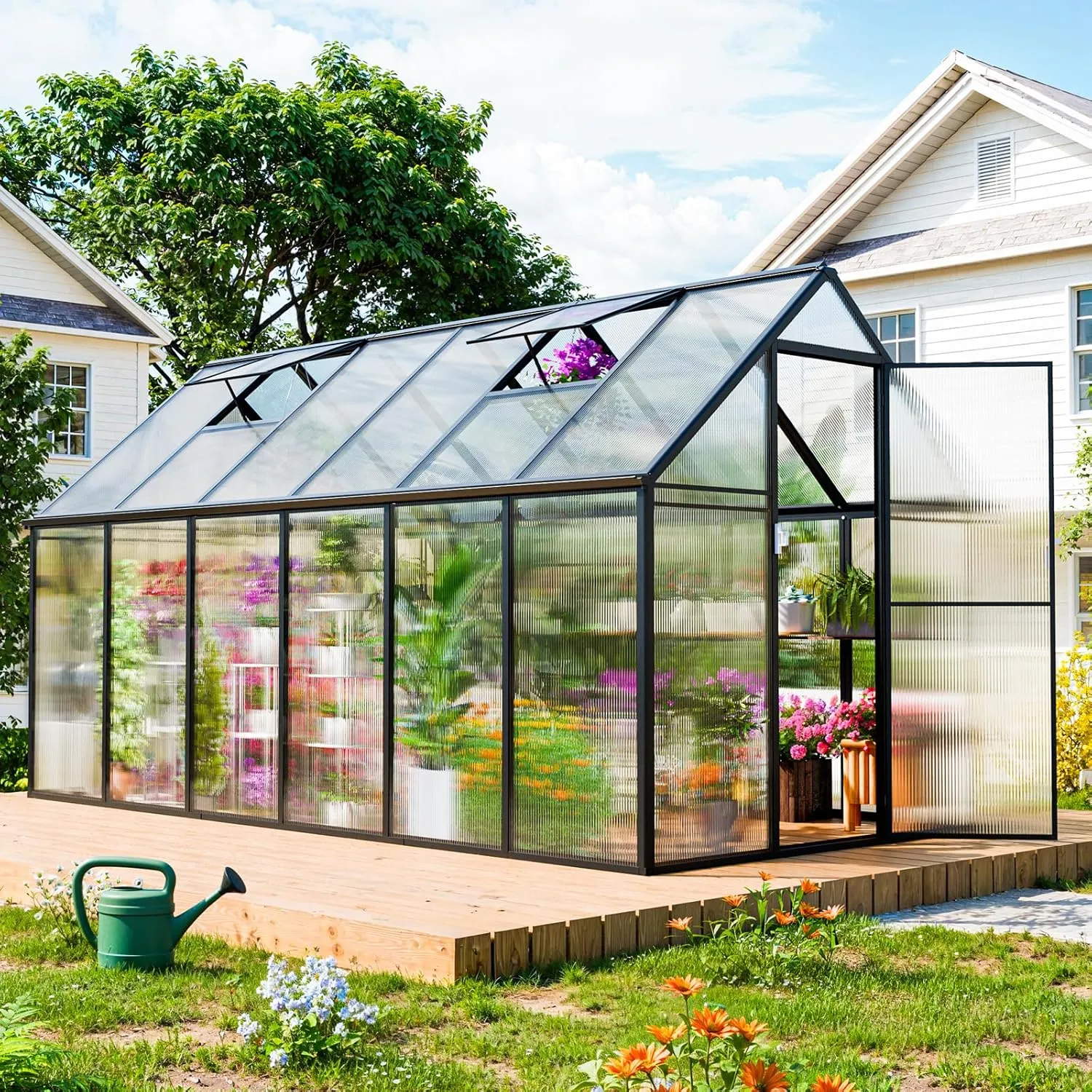 SANNWSG Greenhouse for Outdoors,Easy Assembly Large Polycarbonate Greenhouse Aluminum Greenhouses w/3 Vents Window, Swing Door, Walk-in Green House for Patio, Backyard, Garden, Black