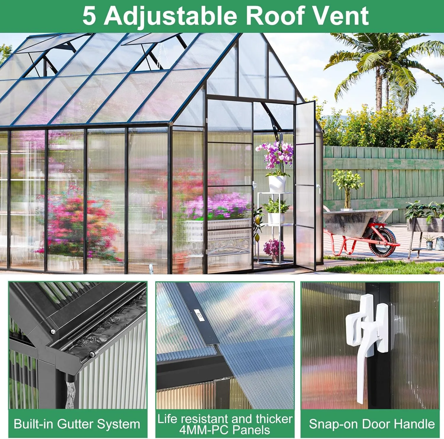 SANNWSG Greenhouse for Outdoors,Easy Assembly Large Polycarbonate Greenhouse Aluminum Greenhouses w/3 Vents Window, Swing Door, Walk-in Green House for Patio, Backyard, Garden, Black