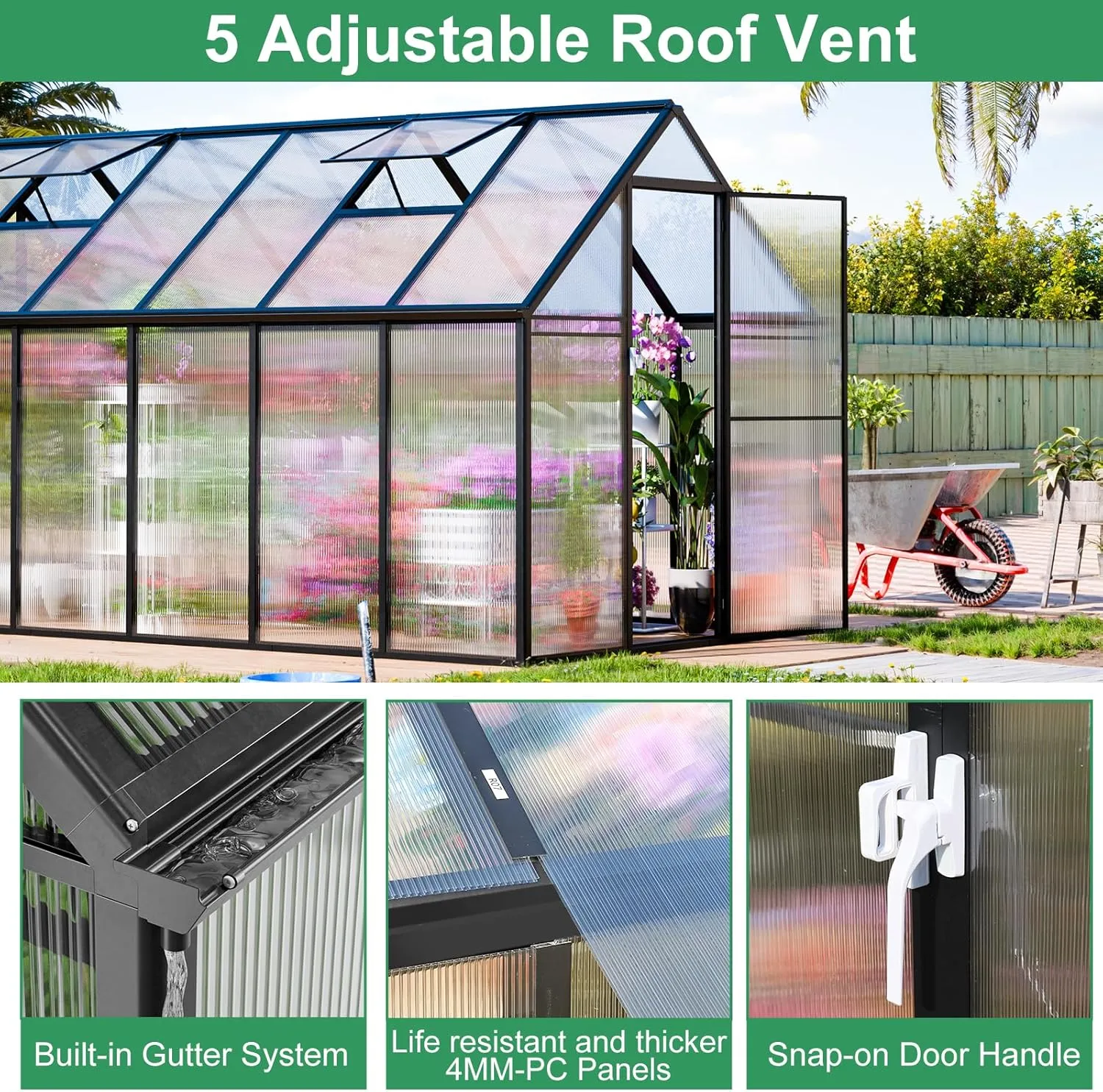 SANNWSG Greenhouse for Outdoors,Easy Assembly Large Polycarbonate Greenhouse Aluminum Greenhouses w/3 Vents Window, Swing Door, Walk-in Green House for Patio, Backyard, Garden, Black