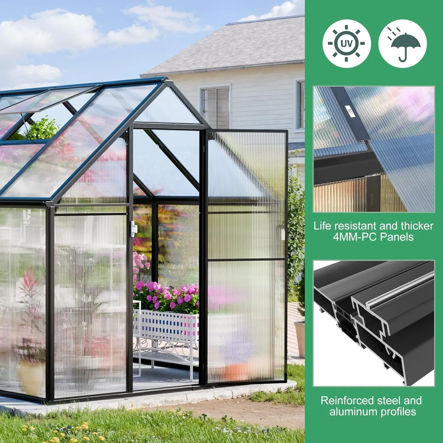 SANNWSG Greenhouse for Outdoors,Easy Assembly Large Polycarbonate Greenhouse Aluminum Greenhouses w/3 Vents Window, Swing Door, Walk-in Green House for Patio, Backyard, Garden, Black