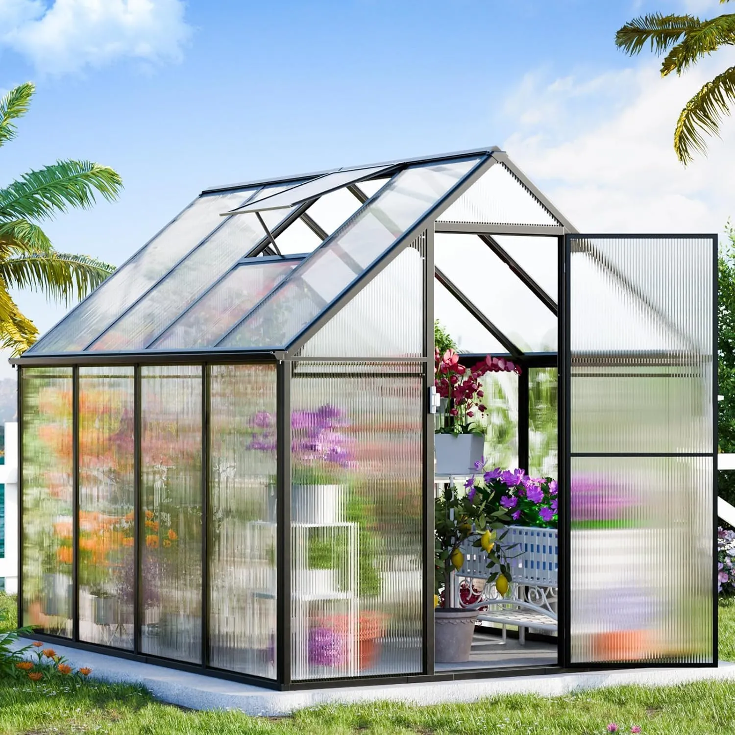 SANNWSG Greenhouse for Outdoors,Easy Assembly Large Polycarbonate Greenhouse Aluminum Greenhouses w/3 Vents Window, Swing Door, Walk-in Green House for Patio, Backyard, Garden, Black