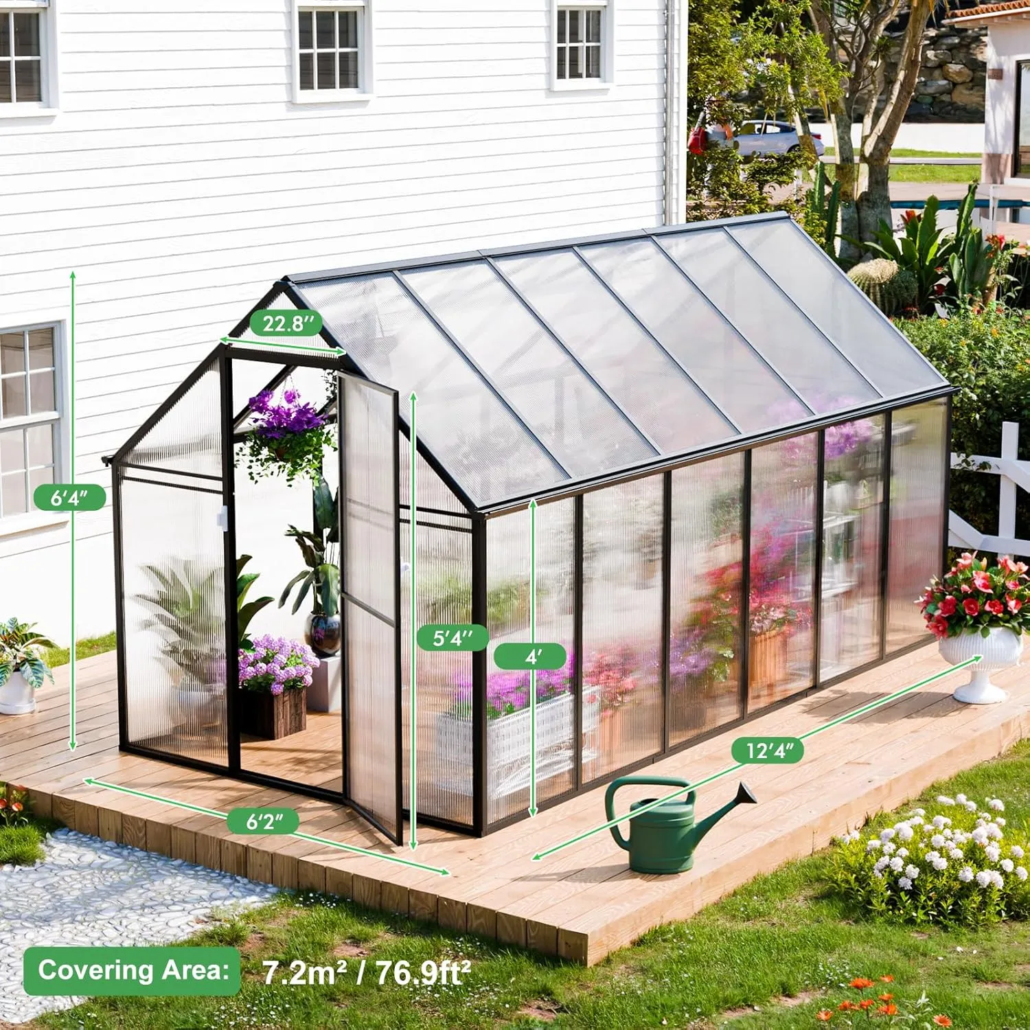 SANNWSG Greenhouse for Outdoors,Easy Assembly Large Polycarbonate Greenhouse Aluminum Greenhouses w/3 Vents Window, Swing Door, Walk-in Green House for Patio, Backyard, Garden, Black