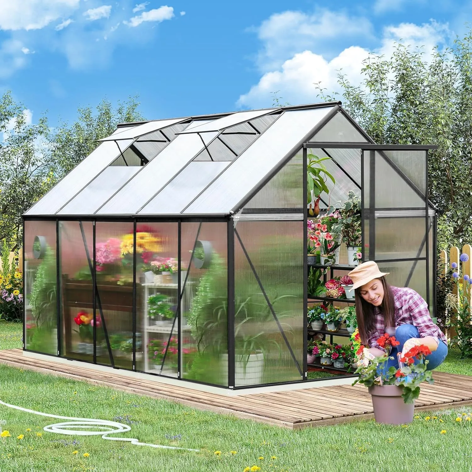 SANNWSG Greenhouse for Outdoors,Easy Assembly Large Polycarbonate Greenhouse Aluminum Greenhouses w/3 Vents Window, Swing Door, Walk-in Green House for Patio, Backyard, Garden, Black