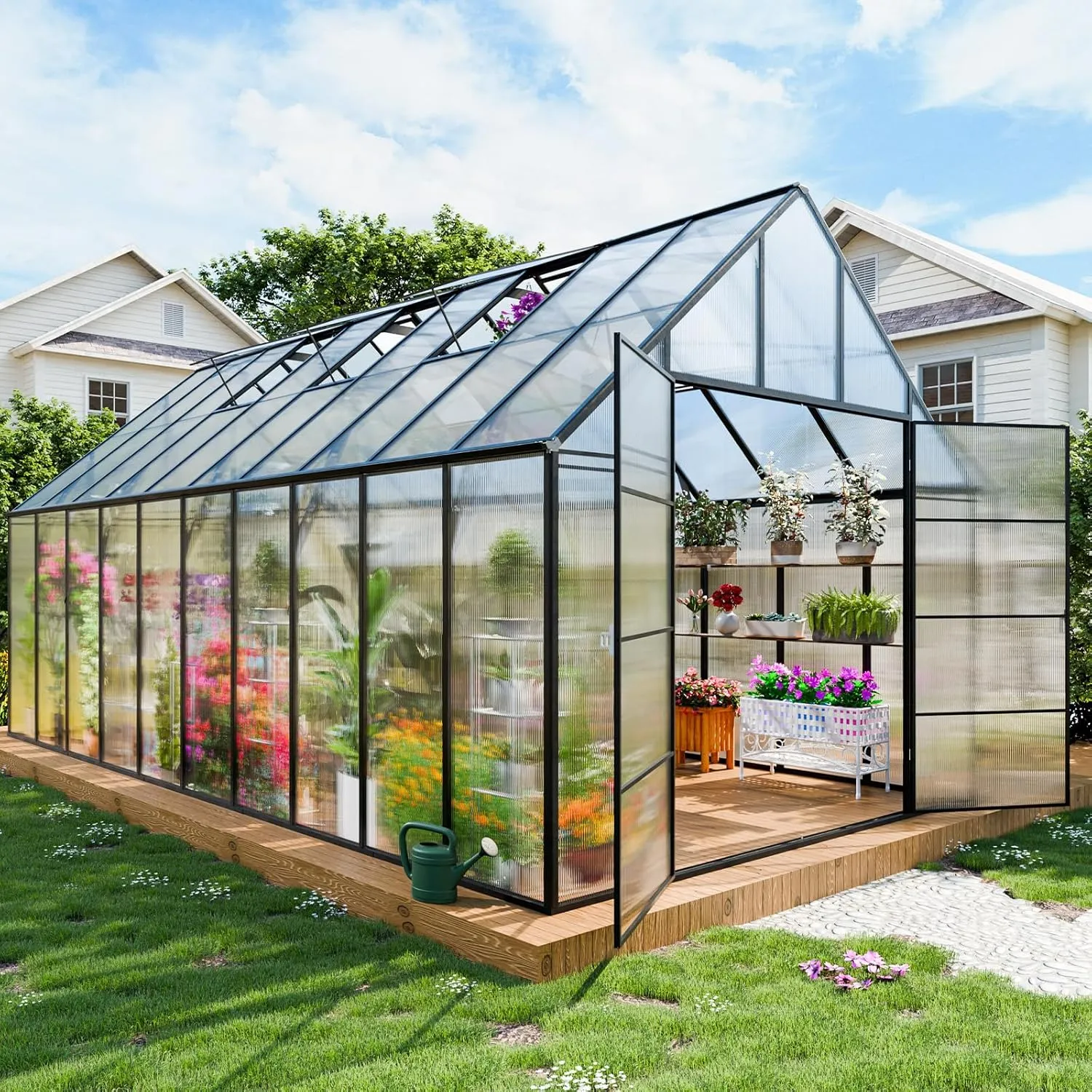 SANNWSG Greenhouse for Outdoors,Easy Assembly Large Polycarbonate Greenhouse Aluminum Greenhouses w/3 Vents Window, Swing Door, Walk-in Green House for Patio, Backyard, Garden, Black