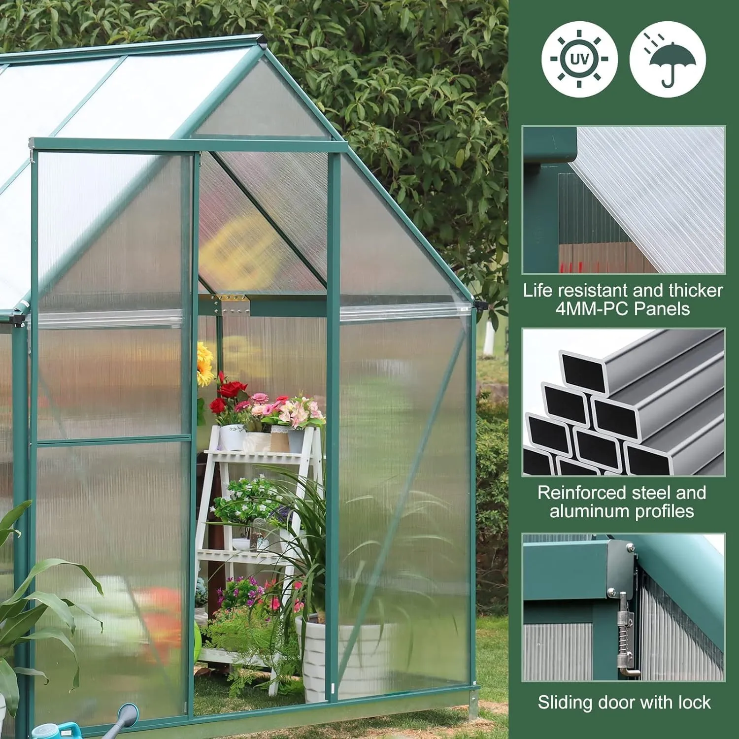 SANNWSG Greenhouse for Outdoors,Easy Assembly Large Polycarbonate Greenhouse Aluminum Greenhouses w/3 Vents Window, Swing Door, Walk-in Green House for Patio, Backyard, Garden, Black