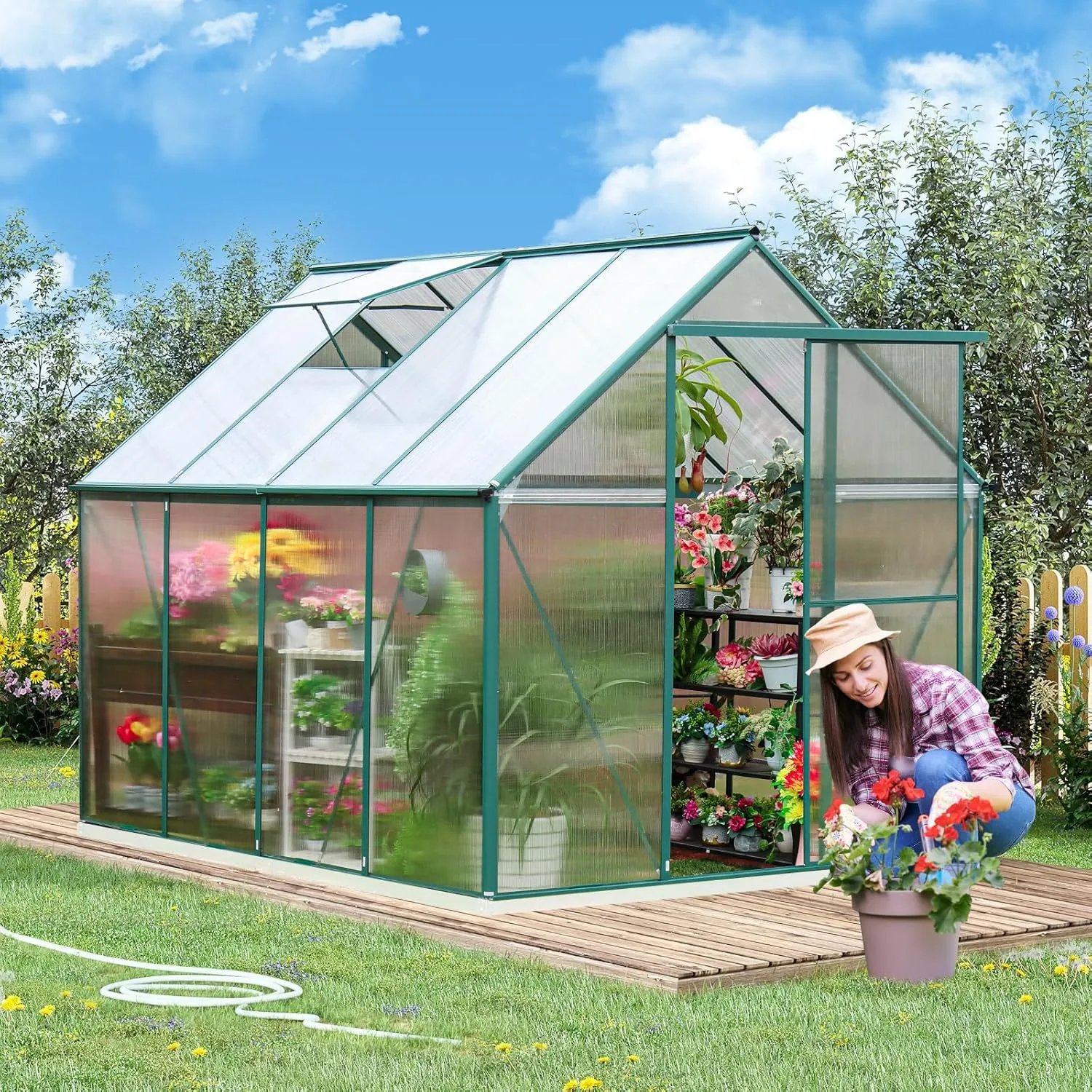 SANNWSG Greenhouse for Outdoors,Easy Assembly Large Polycarbonate Greenhouse Aluminum Greenhouses w/3 Vents Window, Swing Door, Walk-in Green House for Patio, Backyard, Garden, Black