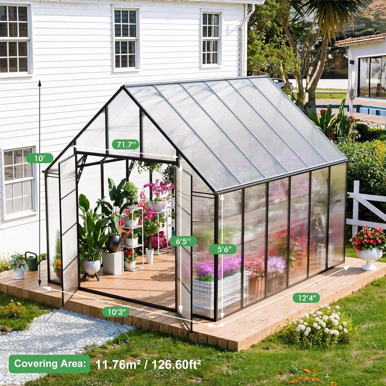 SANNWSG Greenhouse for Outdoors,Easy Assembly Large Polycarbonate Greenhouse Aluminum Greenhouses w/3 Vents Window, Swing Door, Walk-in Green House for Patio, Backyard, Garden, Black