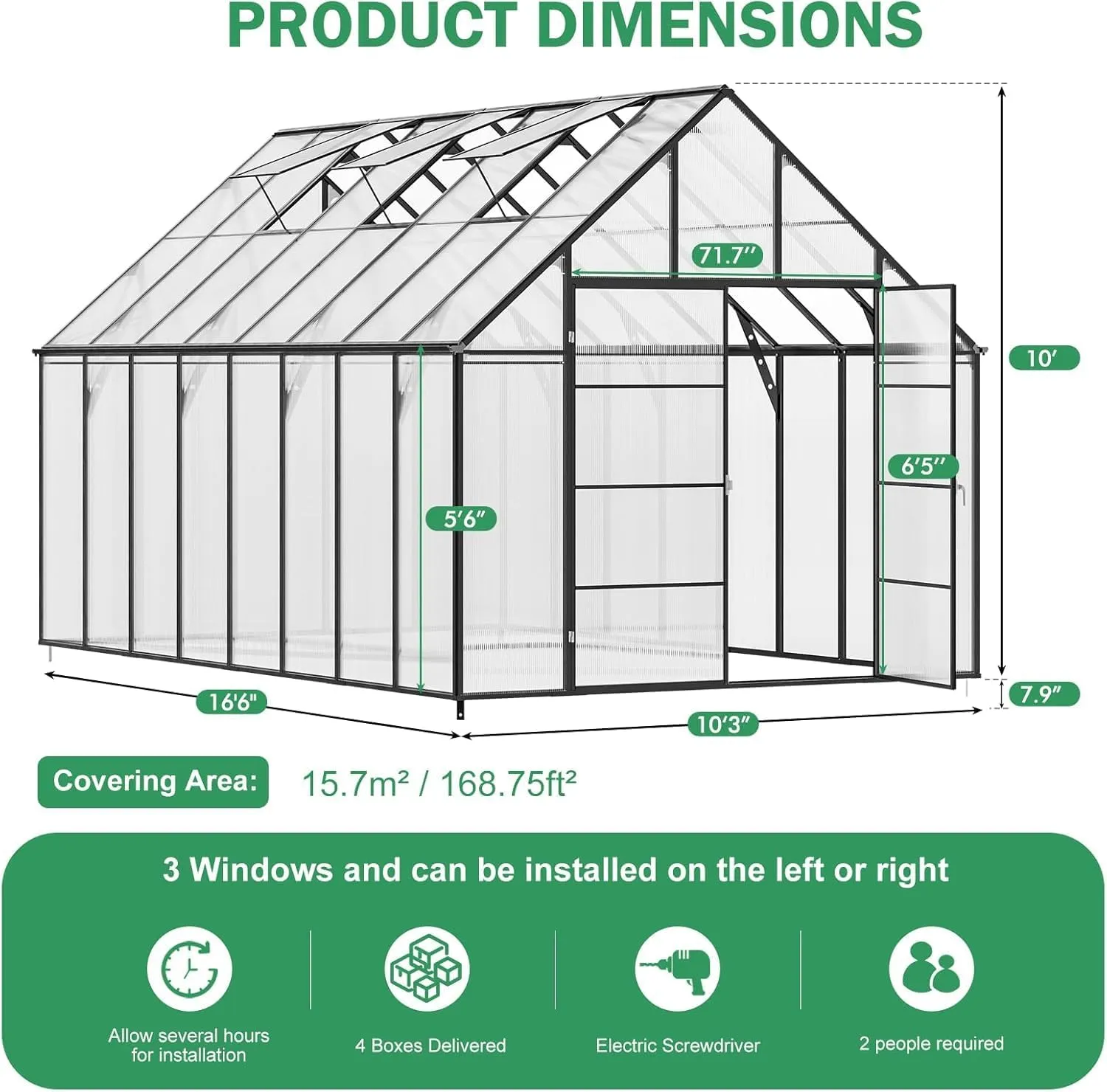 SANNWSG Greenhouse for Outdoors,Easy Assembly Large Polycarbonate Greenhouse Aluminum Greenhouses w/3 Vents Window, Swing Door, Walk-in Green House for Patio, Backyard, Garden, Black