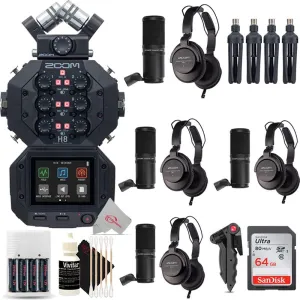 Zoom H8 8-Input / 12-Track Digital Handy Audio Recorder   Four Zoom ZDM-1 Podcast Mic Pack Accessory Bundle   64GB Memory Card   Vivitar Pistol Grip Tabletop Tripod   Rechargeable Battery & Charger   3pc Cleaning Kit