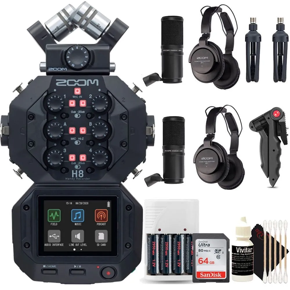 Zoom H8 8-Input / 12-Track Digital Handy Audio Recorder   Two Zoom ZDM-1 Podcast Mic Pack Accessory Bundle   64GB Memory Card   Vivitar Pistol Grip Tabletop Tripod   Rechargeable Battery & Charger   3pc Cleaning Kit